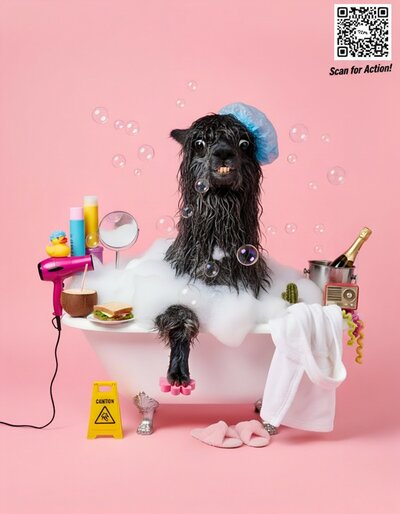 Grußkarte Hund in Badewanne